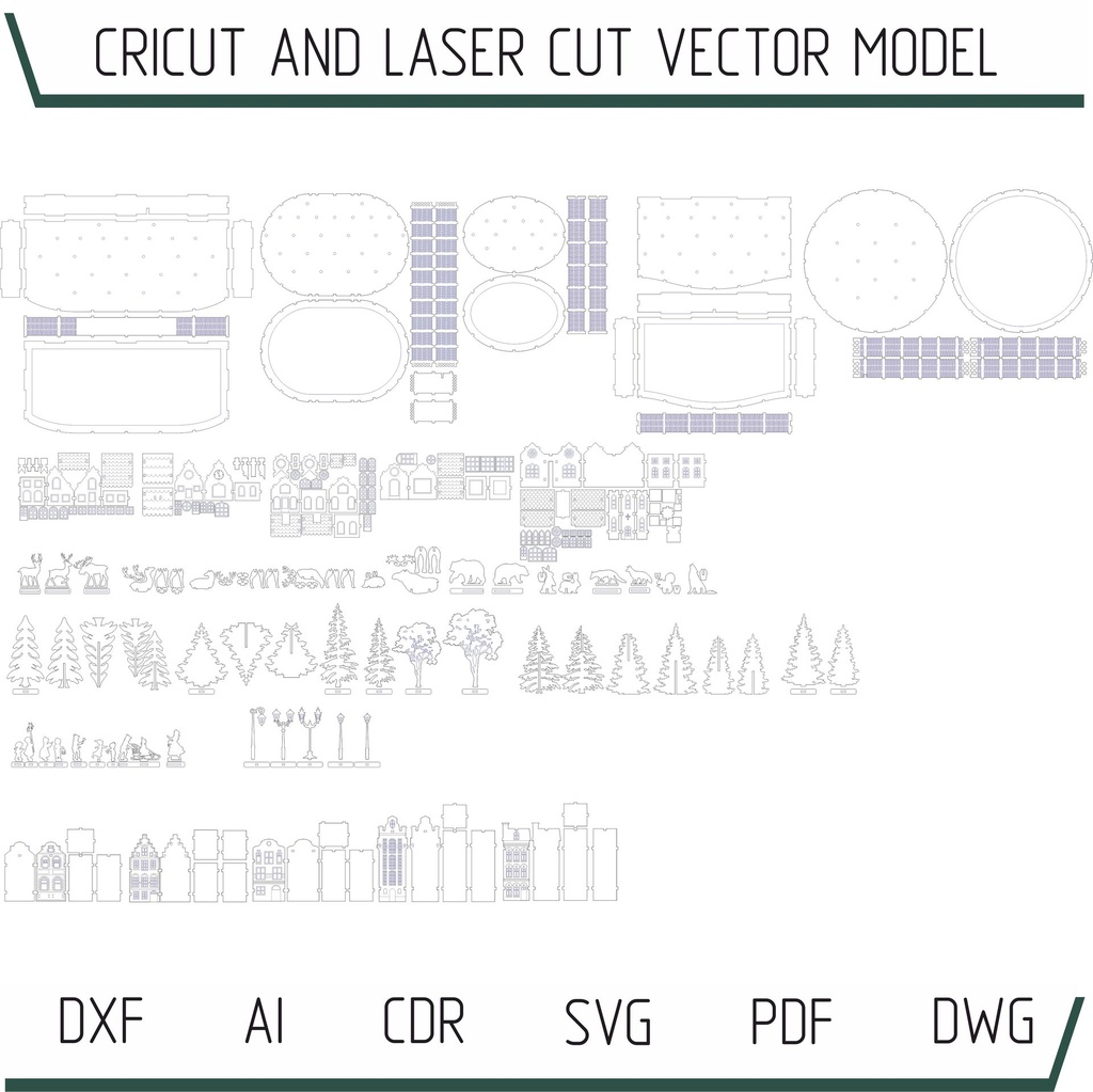 DXF, SVG files for laser Christmas Village, Super Big Set, Bundle of 59 pieces, Winter Scene, Glowforge, Plywood or MDF 3.2 mm