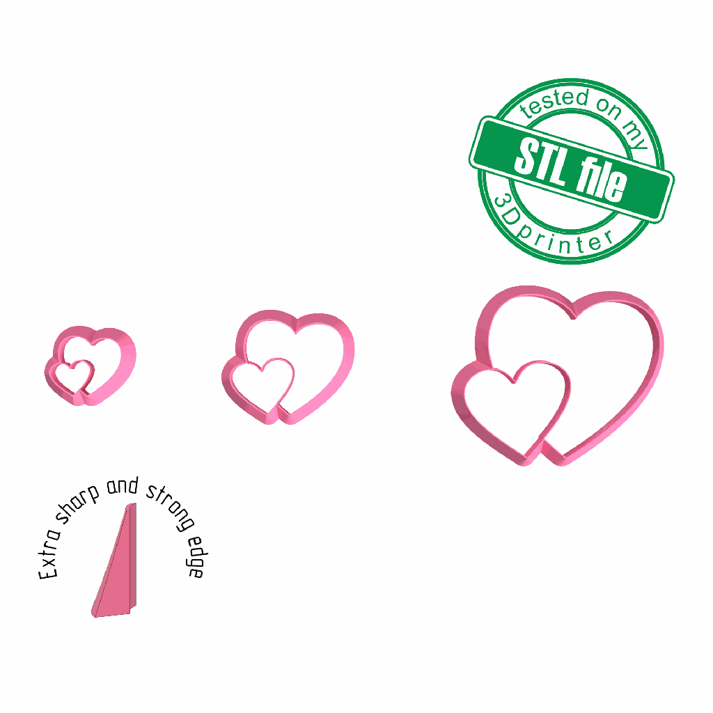Double Heart, Love, St valentine's, 3 Sizes, Digital STL File For 3D Printing, Polymer Clay Cutter, Earrings, Cookie, sharp, strong edge