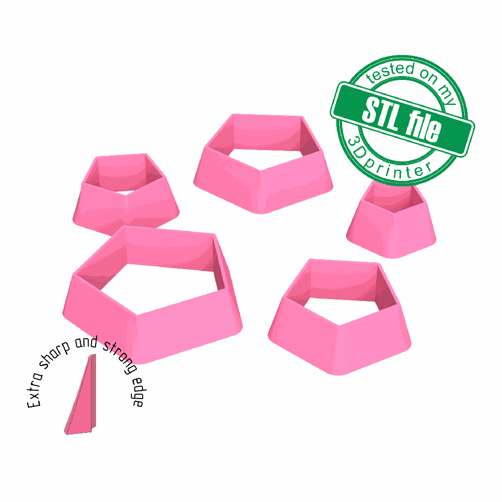 Pentagon, 5 Sizes, Digital STL File For 3D Printing, Polymer Clay Cutter, Earrings, Cookie, sharp, strong edge (copy)