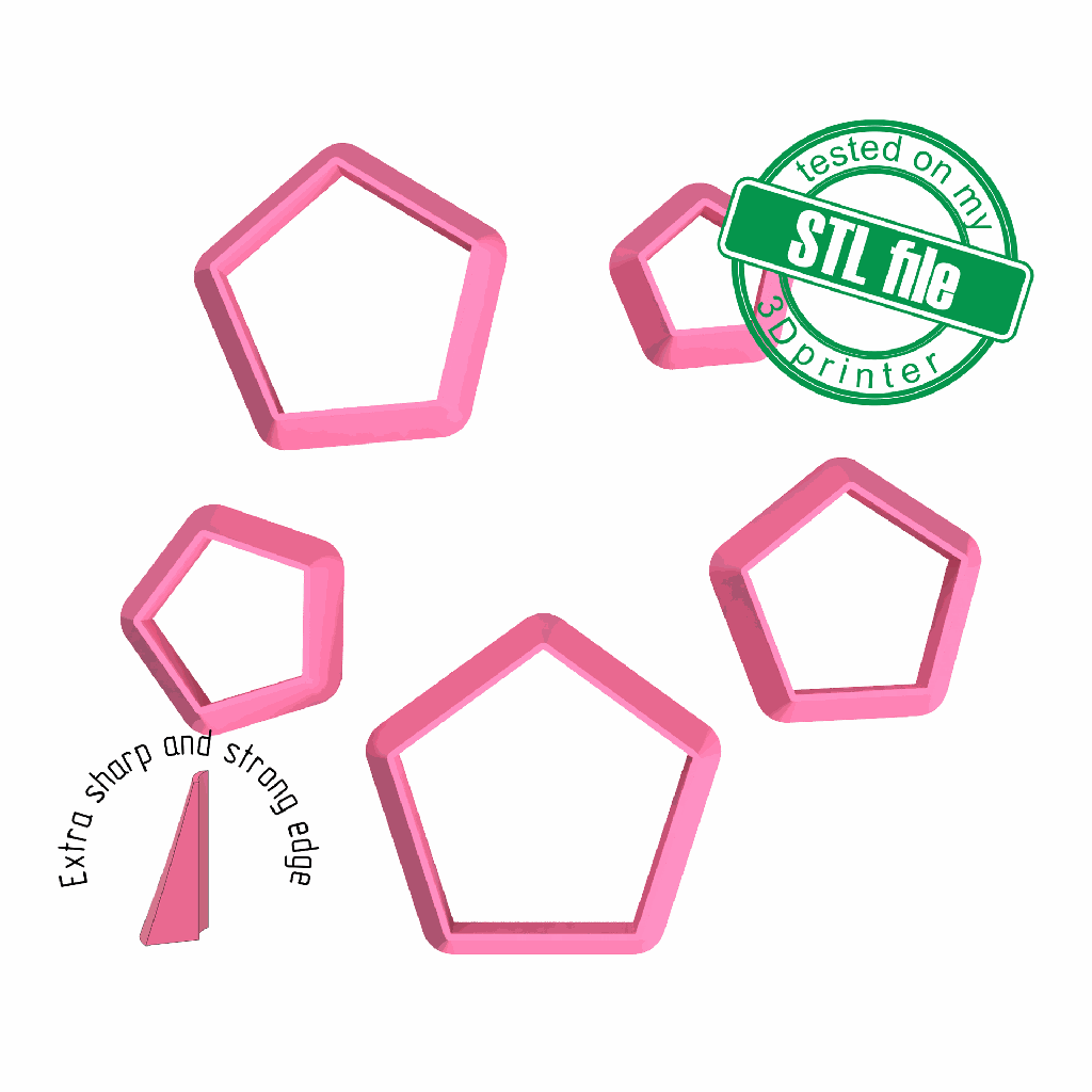 Pentagon, 5 Sizes, Digital STL File For 3D Printing, Polymer Clay Cutter, Earrings, Cookie, sharp, strong edge (copy)