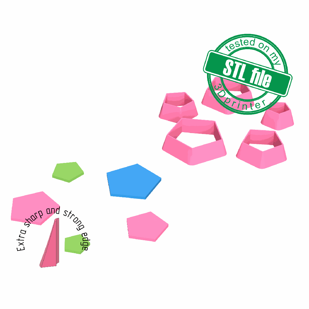Pentagon, 5 Sizes, Digital STL File For 3D Printing, Polymer Clay Cutter, Earrings, Cookie, sharp, strong edge (copy)