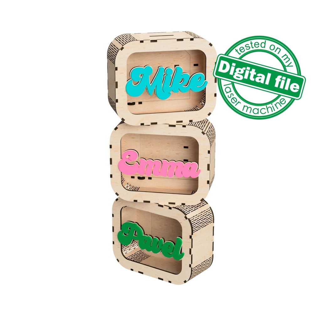 DXF, SVG files for laser Personalized Baby Piggy Bank, Wood Gift For Kids, Nursery Decor, Wooden Piggy Bank with Name, Tip box,Business idea