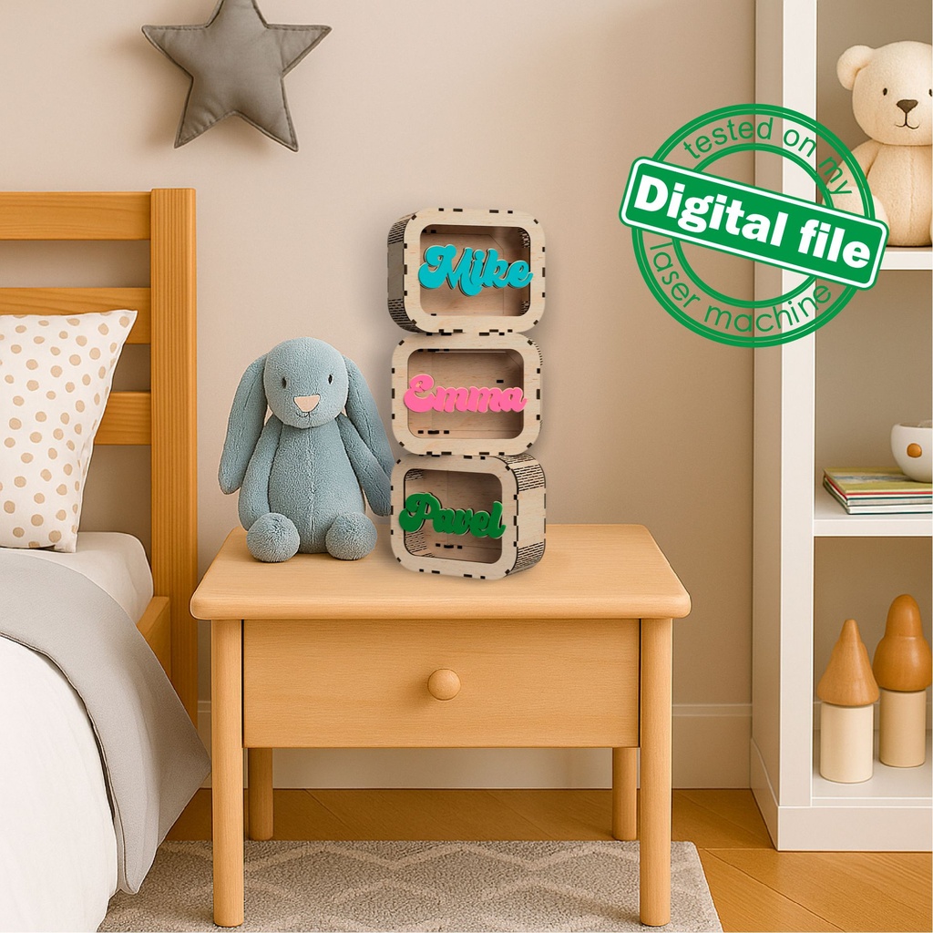 DXF, SVG files for laser Personalized Baby Piggy Bank, Wood Gift For Kids, Nursery Decor, Wooden Piggy Bank with Name, Tip box,Business idea