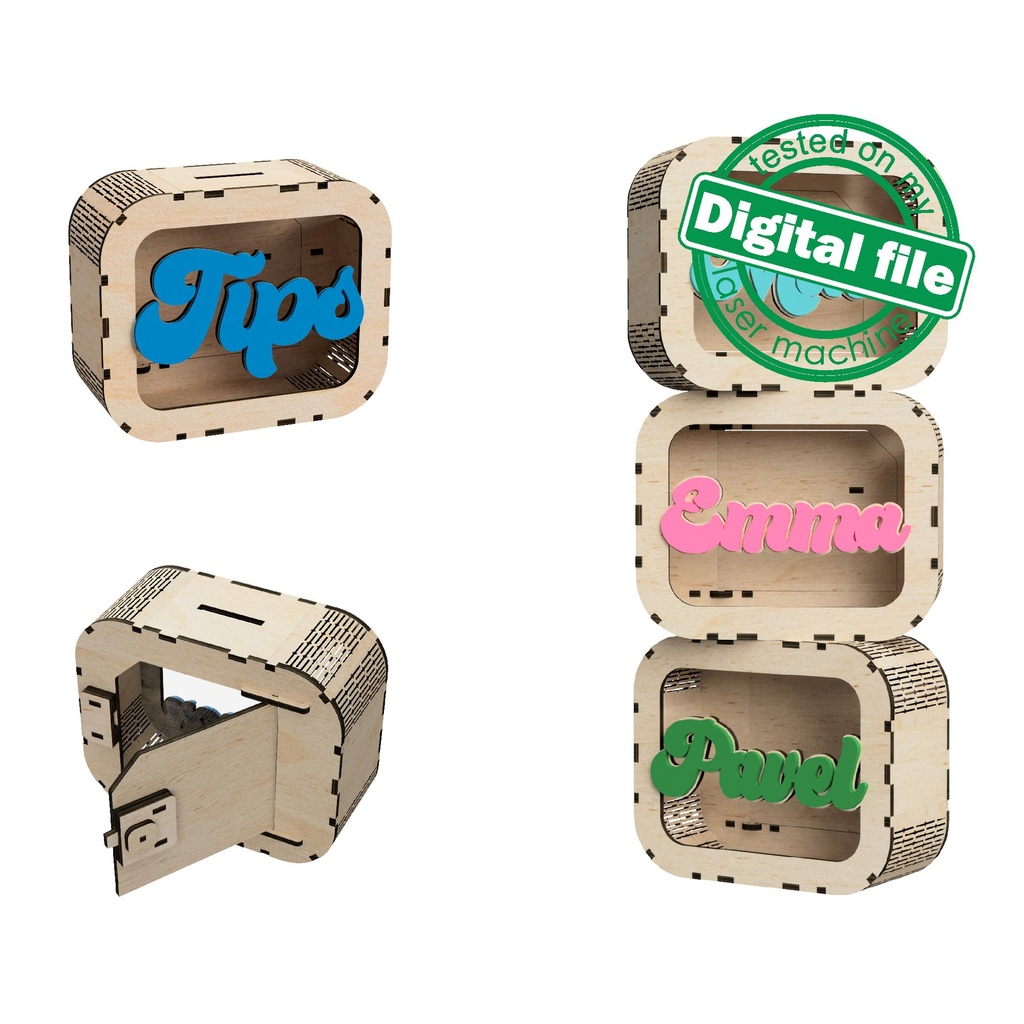 DXF, SVG files for laser Personalized Baby Piggy Bank, Wood Gift For Kids, Nursery Decor, Wooden Piggy Bank with Name, Tip box,Business idea