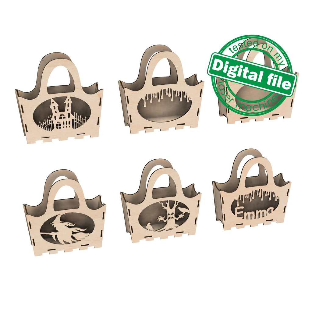 DXF, SVG files for laser Halloween Wooden handbag trick or treat, Vector project, Glowforge, Material thickness 1/8 inch (3.2 mm)