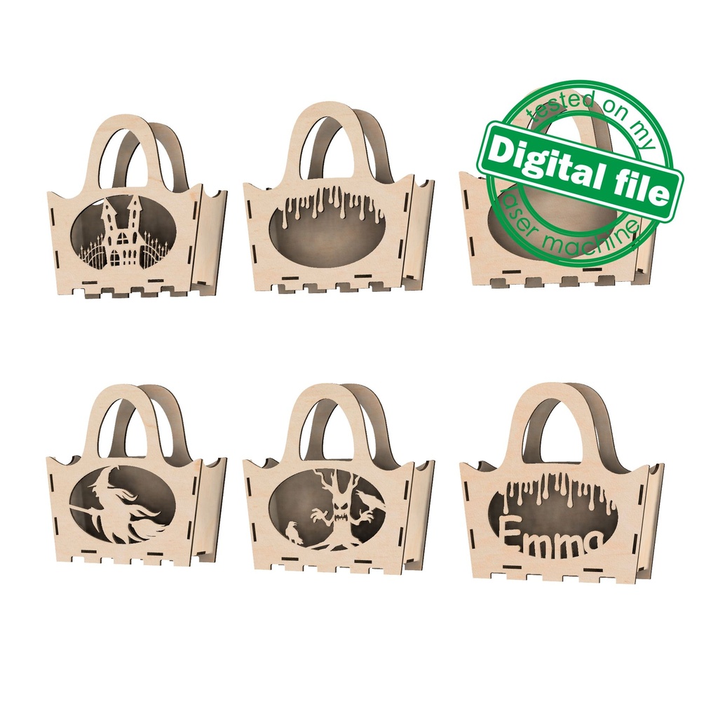 DXF, SVG files for laser Halloween Wooden handbag trick or treat, Vector project, Glowforge, Material thickness 1/8 inch (3.2 mm)