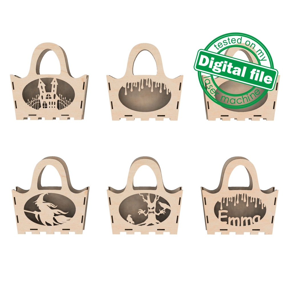 DXF, SVG files for laser Halloween Wooden handbag trick or treat, Vector project, Glowforge, Material thickness 1/8 inch (3.2 mm)