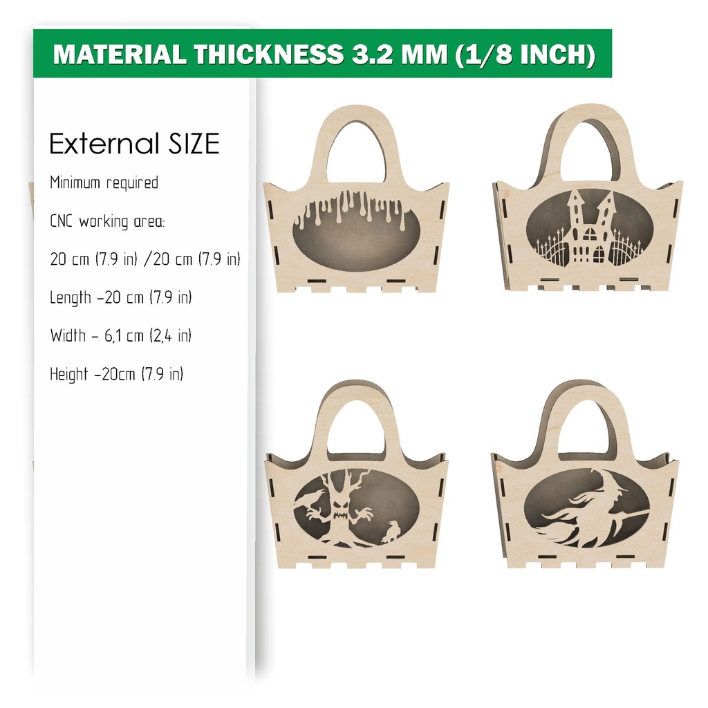 DXF, SVG files for laser Halloween Wooden handbag trick or treat, Vector project, Glowforge, Material thickness 1/8 inch (3.2 mm)