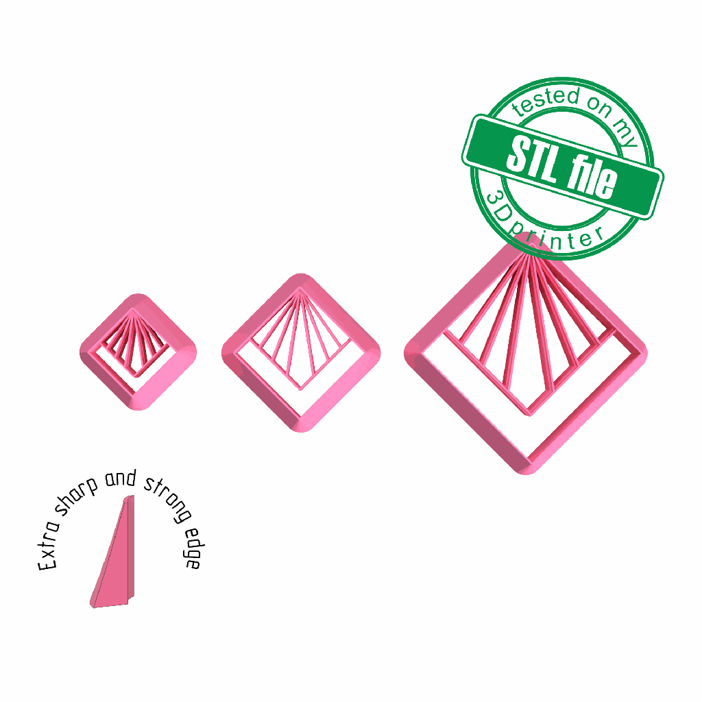Art Deco dangles square with embossing, 3 Sizes, Digital STL File For 3D Printing, Polymer Clay Cutter, Earrings, Cookie, sharp, strong edge