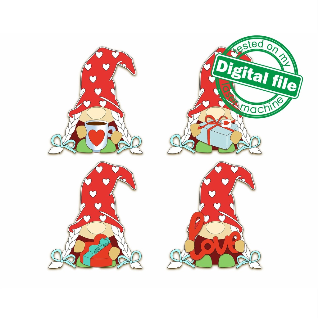 DXF, SVG Files Four different design St. Valentine's Gnome Girl Cutout, Shape, Paint by Line, Valentine's day, Wedding, door hanger template, SVG, DXF, PDF Laser cut files, Glowforge, Wedding decor, door hanger template