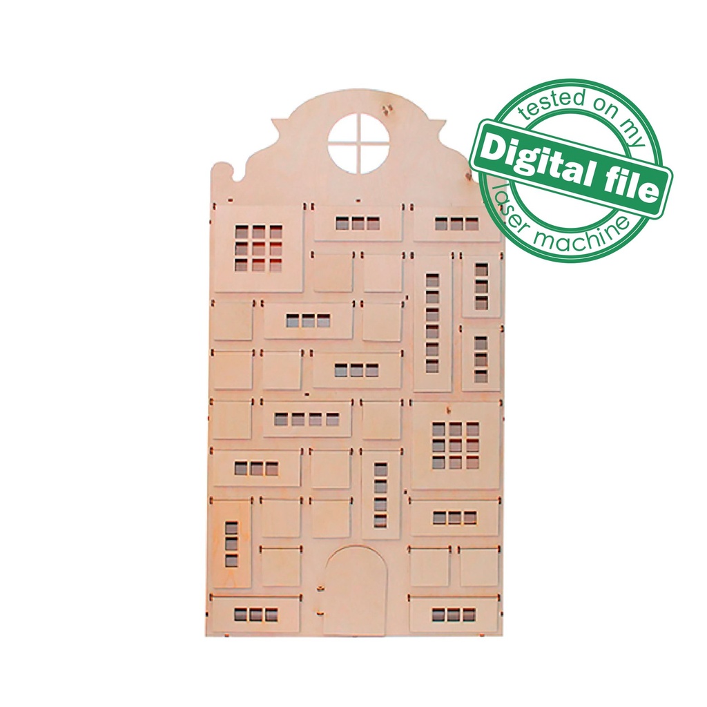 DXF, SVG file for laser Advent calendar 31 different windows, Scandinavian style, fabulous house, Material thickness 3.2 mm (1/8 inch)