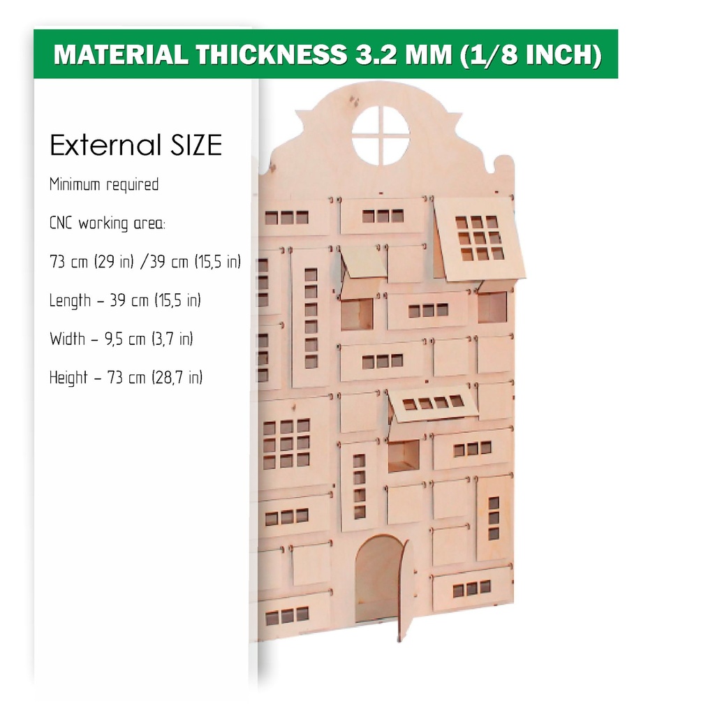 DXF, SVG file for laser Advent calendar 31 different windows, Scandinavian style, fabulous house, Material thickness 3.2 mm (1/8 inch)
