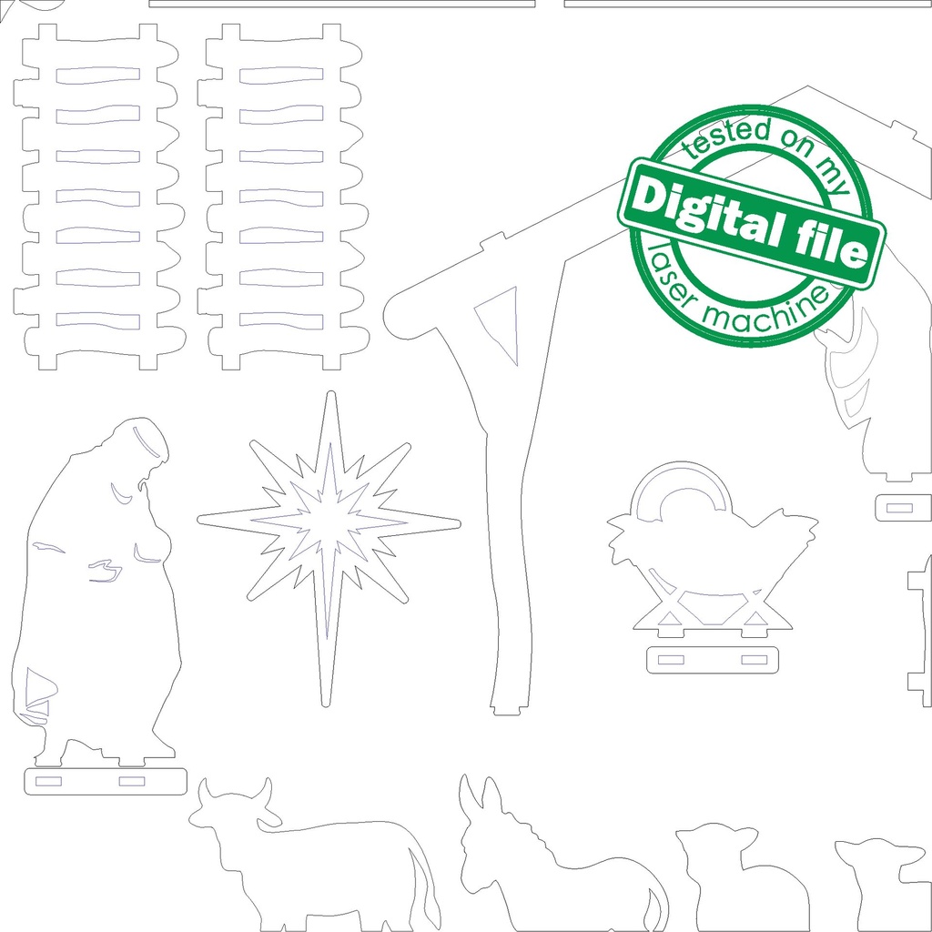 DXF, SVG file for laser Christmas Nativity Scene Set with Led Lights, Baby Jesus, Deva Maria, Wise men, Bethlehem, Light-up podium base