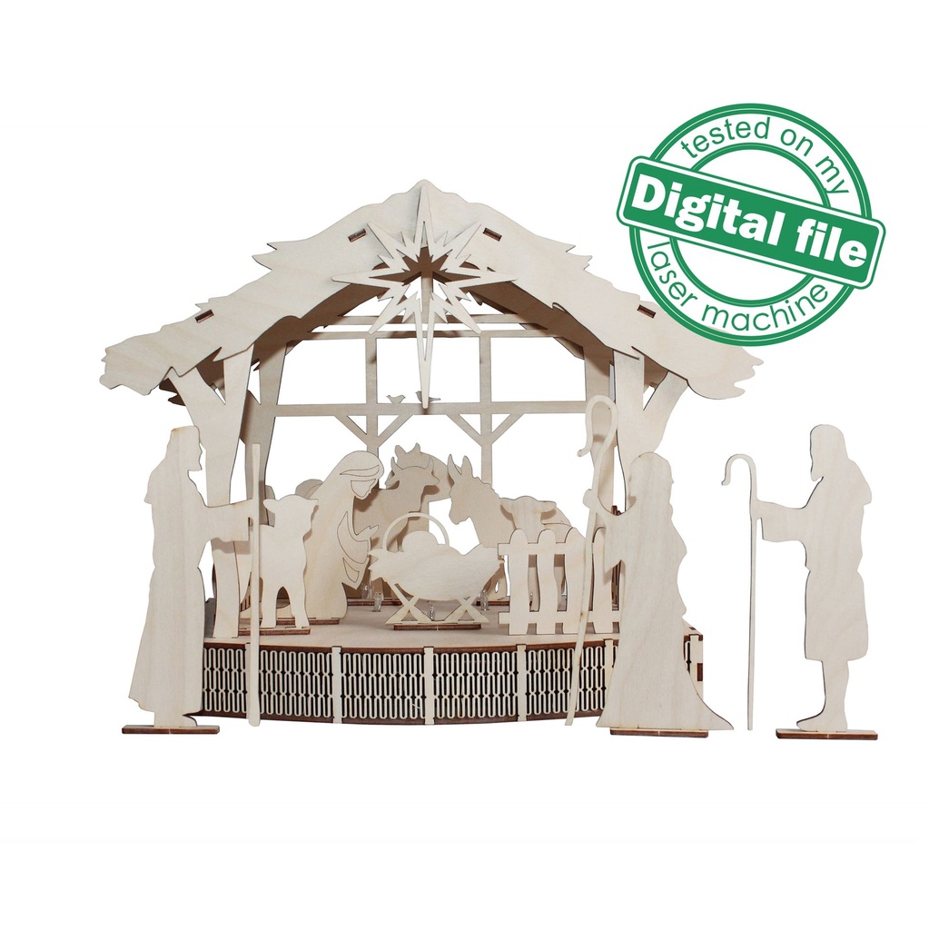 DXF, SVG file for laser Christmas Nativity Scene Set with Led Lights, Baby Jesus, Deva Maria, Wise men, Bethlehem, Light-up podium base