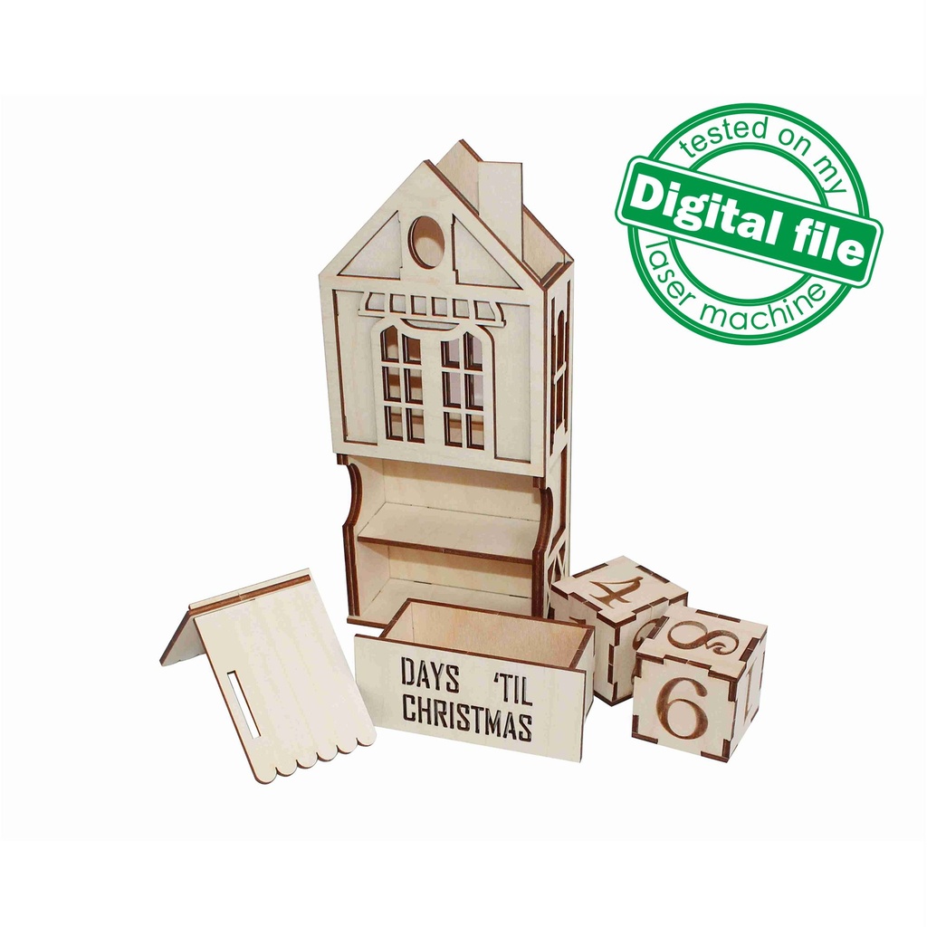 DXF, SVG file for laser Wooden Advent calendar, Christmas countdown, Days till Christmas, Light-up scandinavian house, Plywood or MDF 3.2 mm