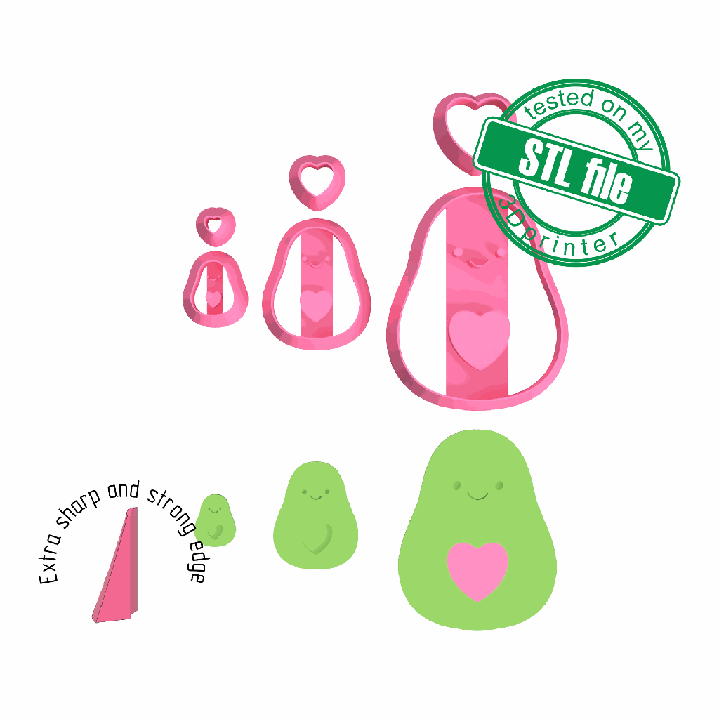 Avocado with heart, Love, St valentine's, 3 sizes, Digital STL File For 3D Printing, Polymer Clay Cutter, Earrings,Cookie,sharp, strong edge