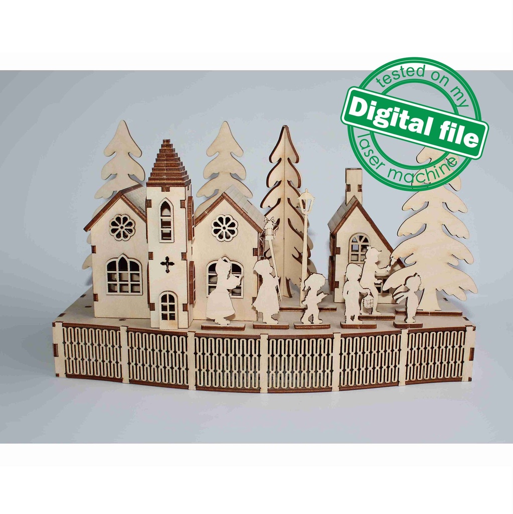 DXF, SVG file for laser Woodland Winter Christmas Decoration, Light-up podium base, Christmas Carols, Village, Houses, Children singing