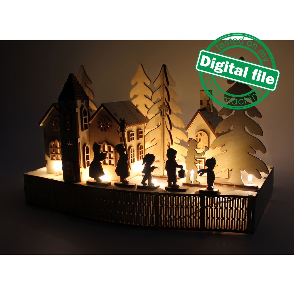 DXF, SVG file for laser Woodland Winter Christmas Decoration, Light-up podium base, Christmas Carols, Village, Houses, Children singing