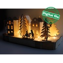 DXF, SVG file for laser Woodland Winter Christmas Decoration, Light-up podium base, Scandinavian houses, trees, children sledding, lanterns