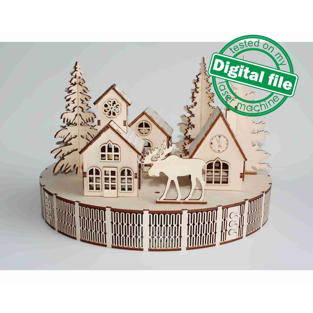 DXF, SVG file for laser Woodland Winter Christmas Decoration, Light-up podium base, Winter Village, Enchanted Forest, Doll House, Moose