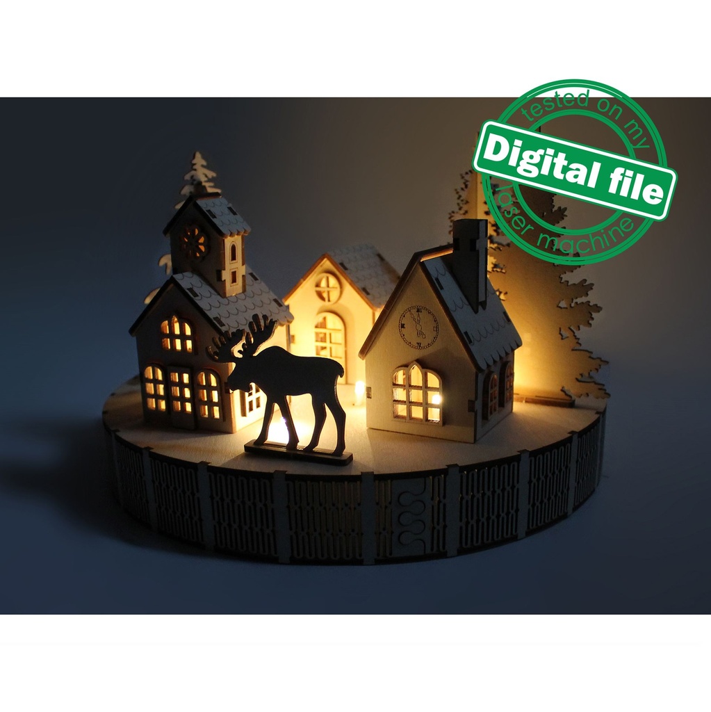 DXF, SVG file for laser Woodland Winter Christmas Decoration, Light-up podium base, Winter Village, Enchanted Forest, Doll House, Moose