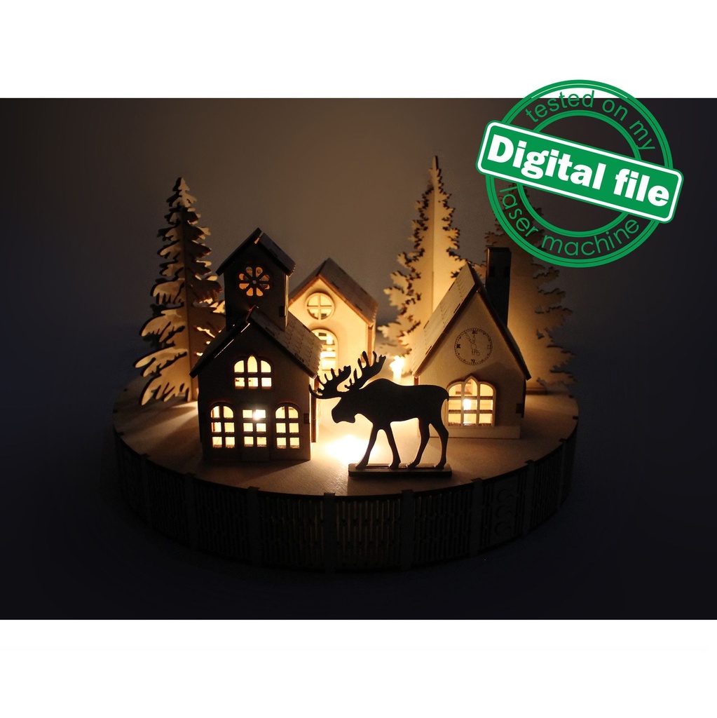 DXF, SVG file for laser Woodland Winter Christmas Decoration, Light-up podium base, Winter Village, Enchanted Forest, Doll House, Moose