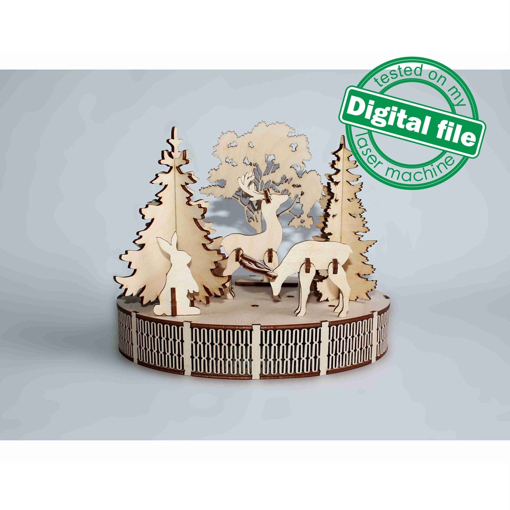 DXF, SVG file for laser Woodland Winter Christmas Decoration, Light-up podium base, Winter, Tree, Enchanted Forest, Deer, Rabbit, Hare