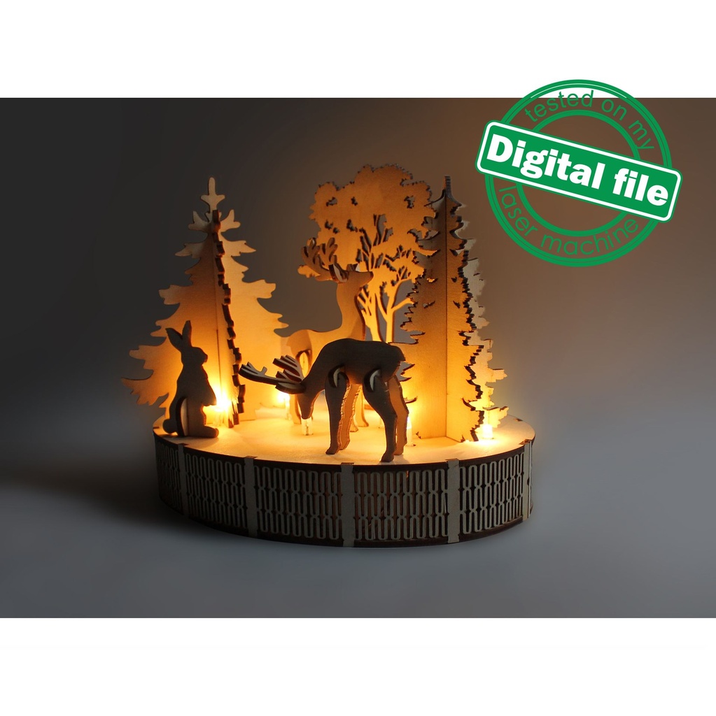 DXF, SVG file for laser Woodland Winter Christmas Decoration, Light-up podium base, Winter, Tree, Enchanted Forest, Deer, Rabbit, Hare