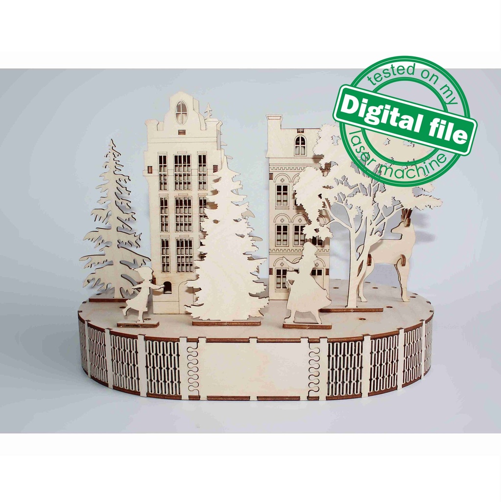 DXF, SVG file for laser Woodland Winter Christmas Decoration, Light-up podium base, Woodland Winter Scene, Old Town, Trees, Deer, Houses