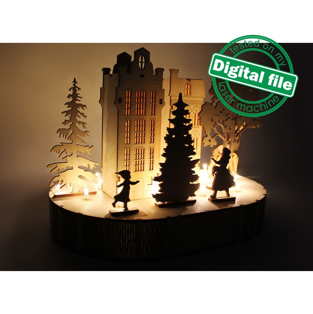 DXF, SVG file for laser Woodland Winter Christmas Decoration, Light-up podium base, Woodland Winter Scene, Old Town, Trees, Deer, Houses
