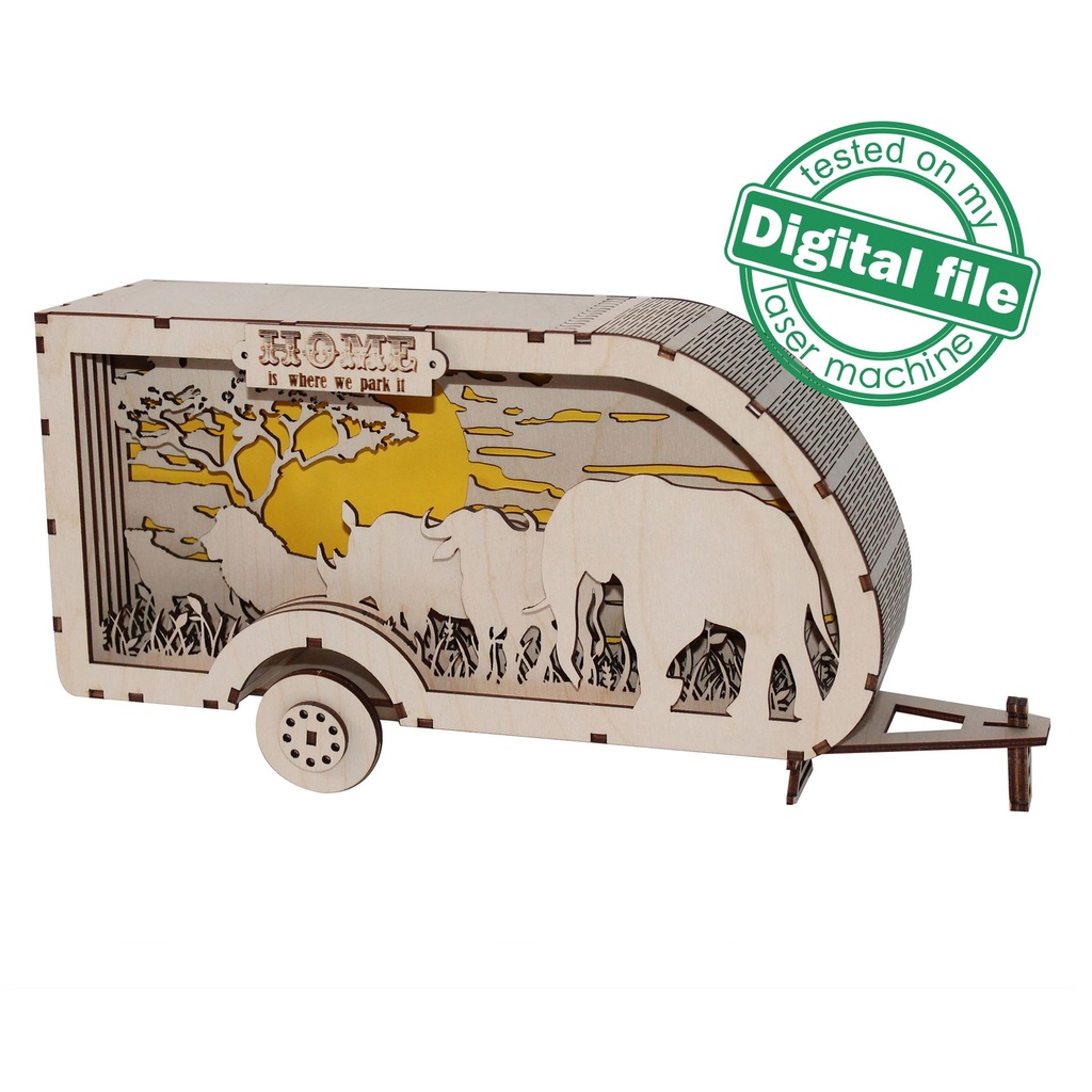 DXF, SVG files Light box Camper Africa, African Big Five, Night lamp, Elephant, Rhino, Buffalo, Lion, Leopard, Material thickness 3.2 mm