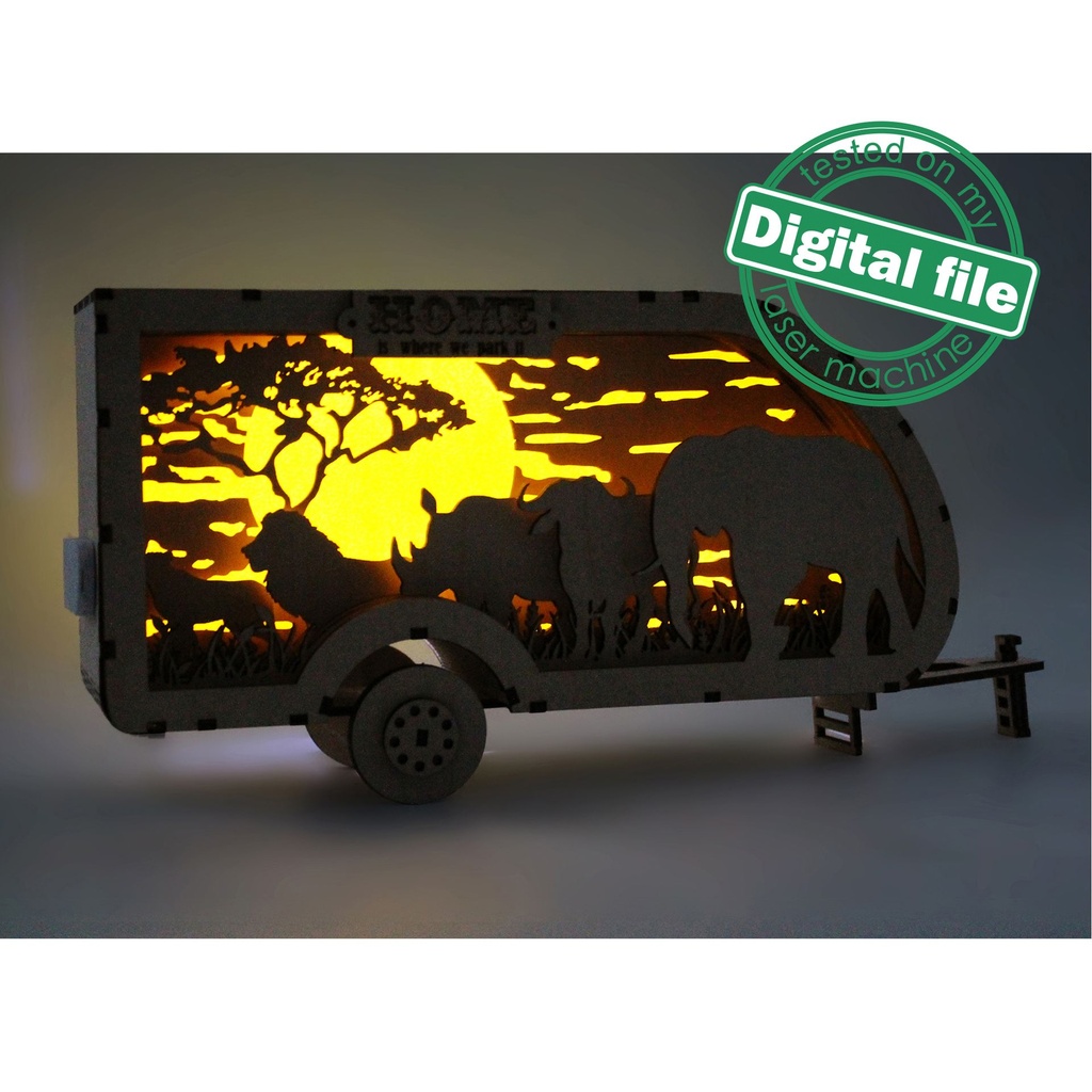 DXF, SVG files Light box Camper Africa, African Big Five, Night lamp, Elephant, Rhino, Buffalo, Lion, Leopard, Material thickness 3.2 mm