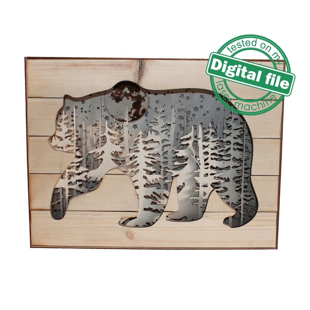 DXF, SVG files for 3D Laser Cut Large Wood Shadow Box, Multilayered Wood Sculptures, Forest, Bear, Moon, Plywood/Wood/MDF 3mm