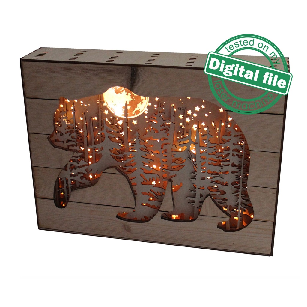 DXF, SVG files for 3D Laser Cut Large Wood Shadow Box, Multilayered Wood Sculptures, Forest, Bear, Moon, Plywood/Wood/MDF 3mm