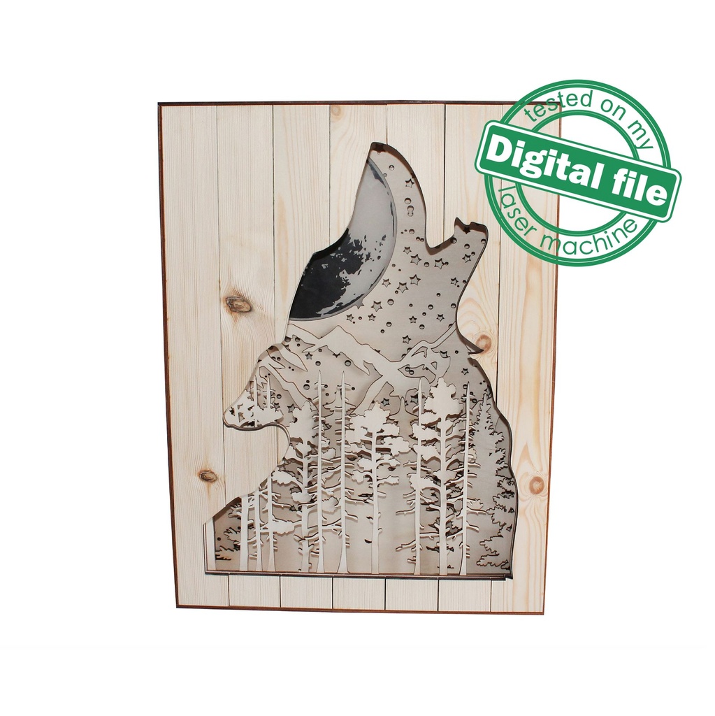 DXF, SVG files for 3D Laser Cut Large Wood Shadow Box, Multilayered Wood Sculptures, Forest, Howling Wolf, Glowing moon