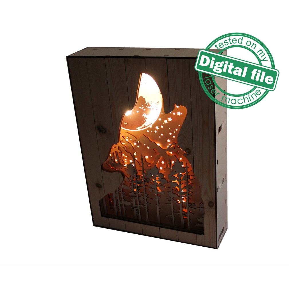 DXF, SVG files for 3D Laser Cut Large Wood Shadow Box, Multilayered Wood Sculptures, Forest, Howling Wolf, Glowing moon