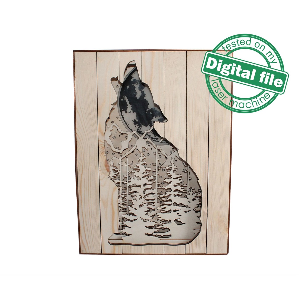 DXF, SVG files for 3D Laser Cut Large Wood Shadow Box, Multilayered Wood Sculptures, Forest, Howling Wolf, Plywood/Wood 3 mm