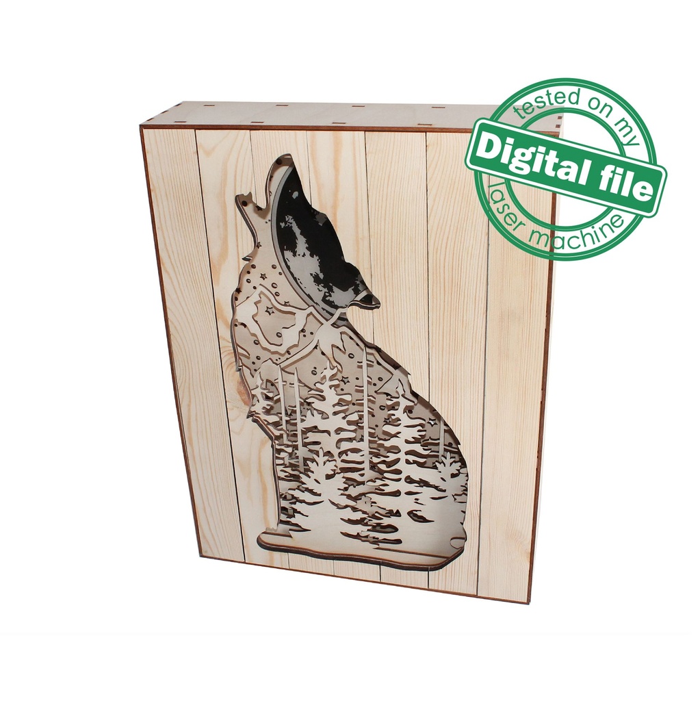 DXF, SVG files for 3D Laser Cut Large Wood Shadow Box, Multilayered Wood Sculptures, Forest, Howling Wolf, Plywood/Wood 3 mm