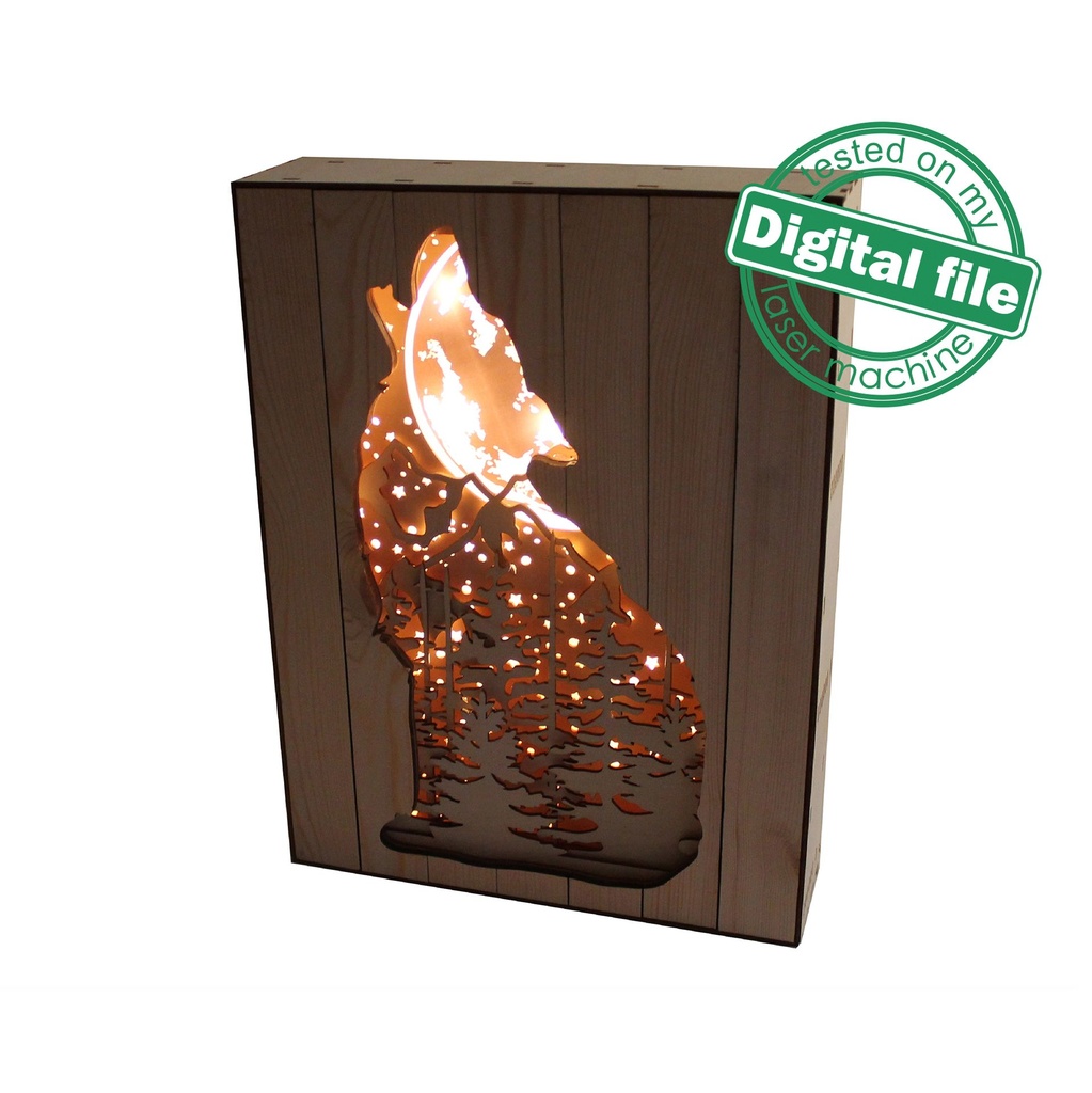 DXF, SVG files for 3D Laser Cut Large Wood Shadow Box, Multilayered Wood Sculptures, Forest, Howling Wolf, Plywood/Wood 3 mm