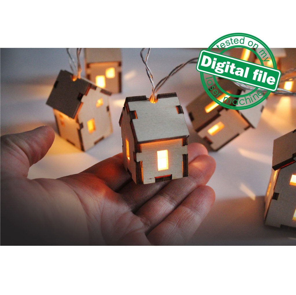 DXF, SVG files for LED garland string little Houses 12 different design, Christmas decoration, Material thickness 1/8 inch (3.2 mm)