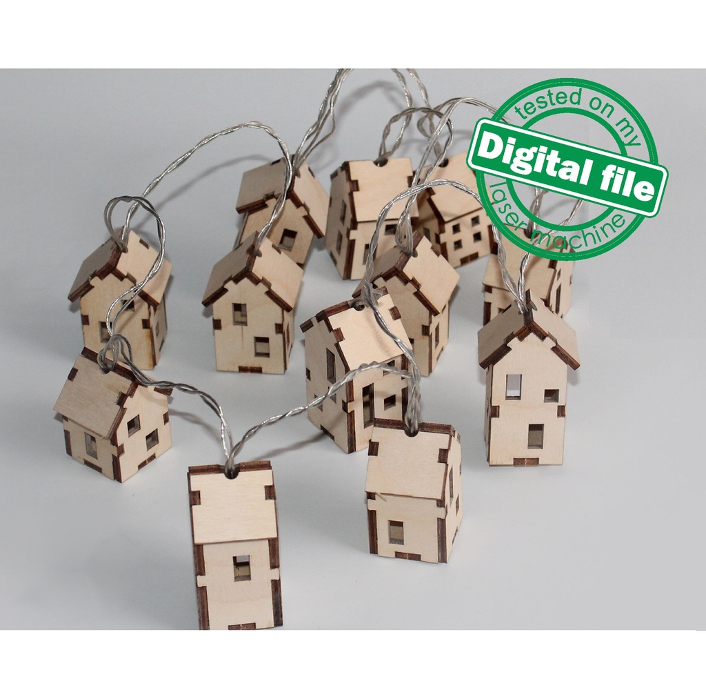 DXF, SVG files for LED garland string little Houses 12 different design, Christmas decoration, Material thickness 1/8 inch (3.2 mm)