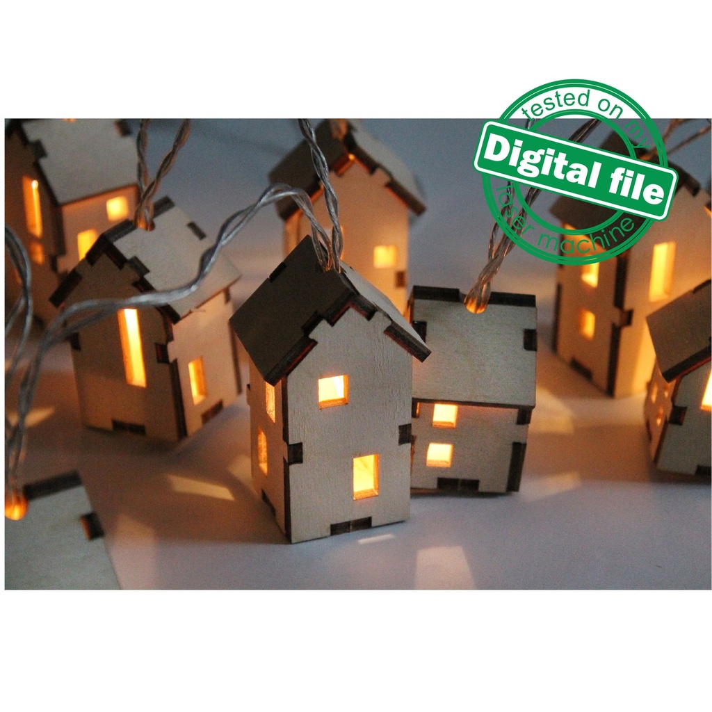 DXF, SVG files for LED garland string little Houses 12 different design, Christmas decoration, Material thickness 1/8 inch (3.2 mm)