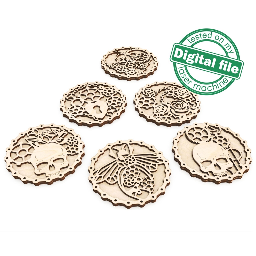 DXF, SVG files for Laser Cut Steampunk Wood Coasters in the box, Set of 6 different design, Material thickness 3.2 mm (1/8 inch)