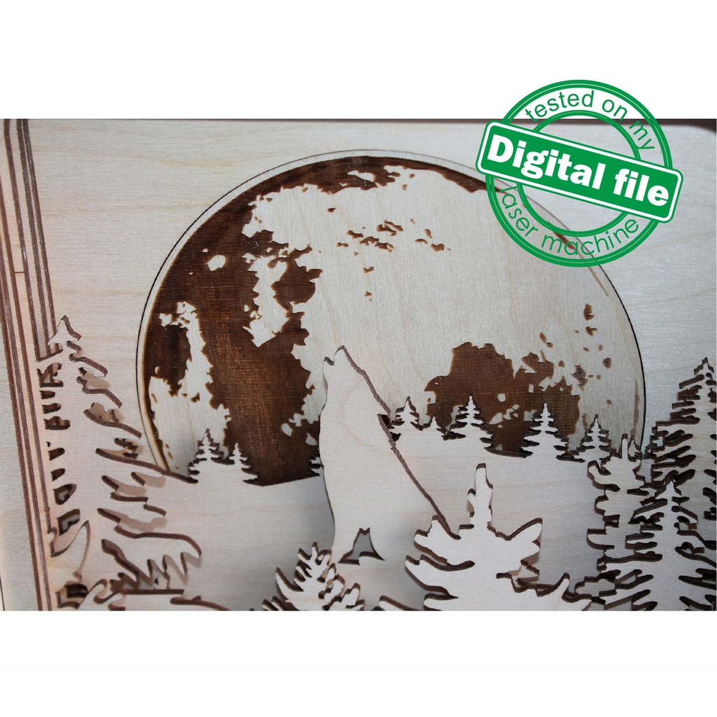 DXF, SVG files for Light Box Howling Wolf, Engraved Moon, Glowing moon, Multilayered Wood Sculptures, flexible plywood, Glowforge ready file