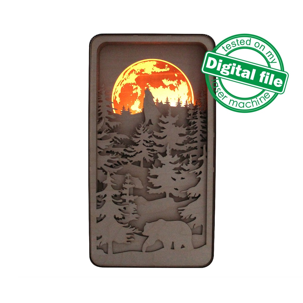 DXF, SVG files for Light Box Howling Wolf, Engraved Moon, Glowing moon, Multilayered Wood Sculptures, flexible plywood, Glowforge ready file