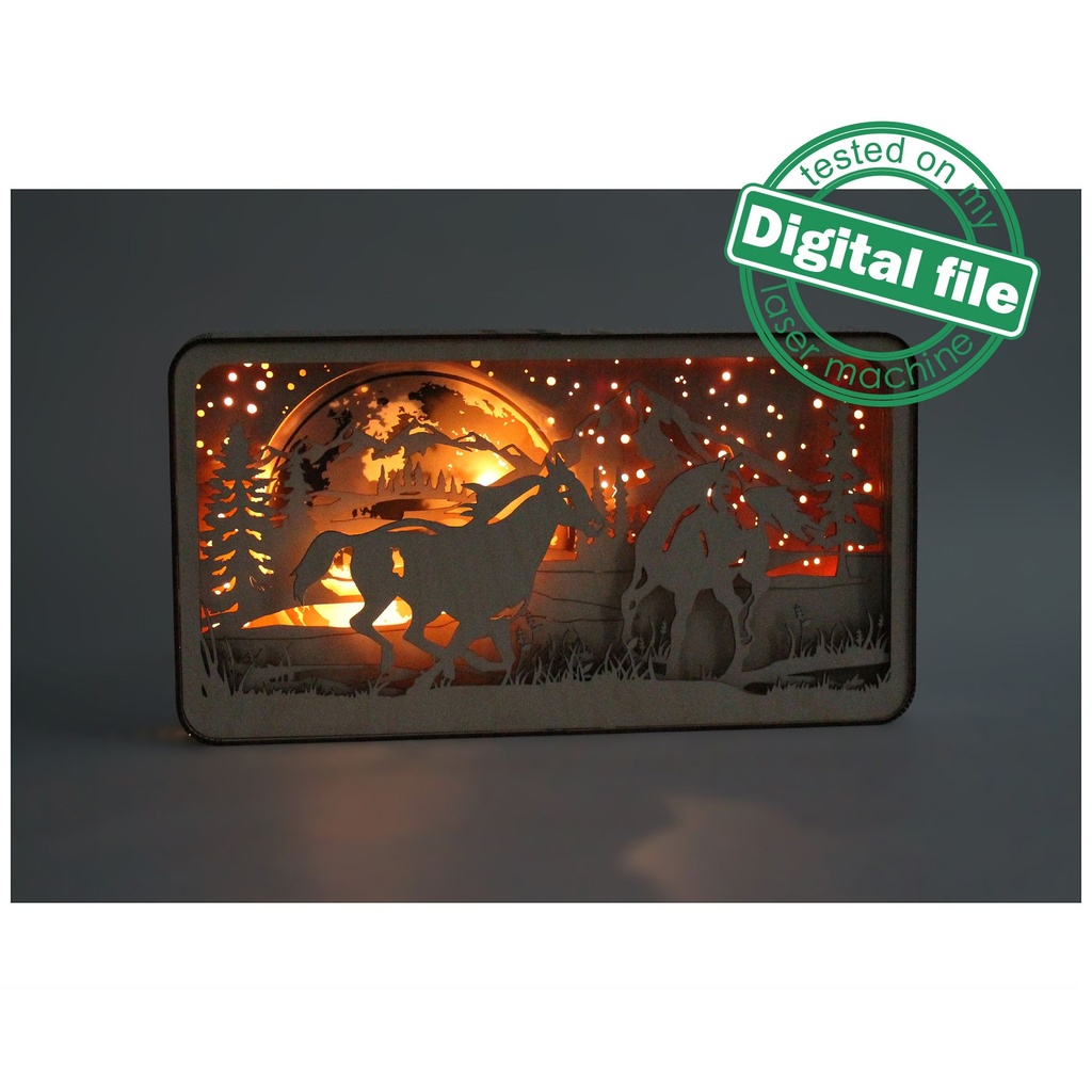 DXF, SVG files for Light Box Mountain landscape, wild horses, forest, Engraved Moon, Glowing moon, flexible plywood, Glowforge ready file