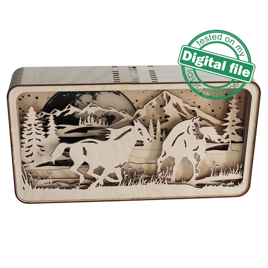 DXF, SVG files for Light Box Mountain landscape, wild horses, forest, Engraved Moon, Glowing moon, flexible plywood, Glowforge ready file