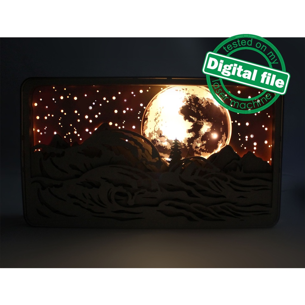 DXF, SVG files for Light Box Raging waves, mountains, ocean, Engraved Moon, Glowing moon, flexible plywood, Glowforge ready file