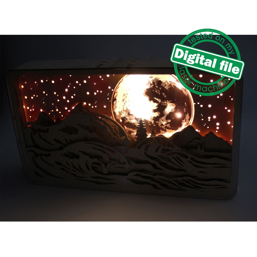 DXF, SVG files for Light Box Raging waves, mountains, ocean, Engraved Moon, Glowing moon, flexible plywood, Glowforge ready file