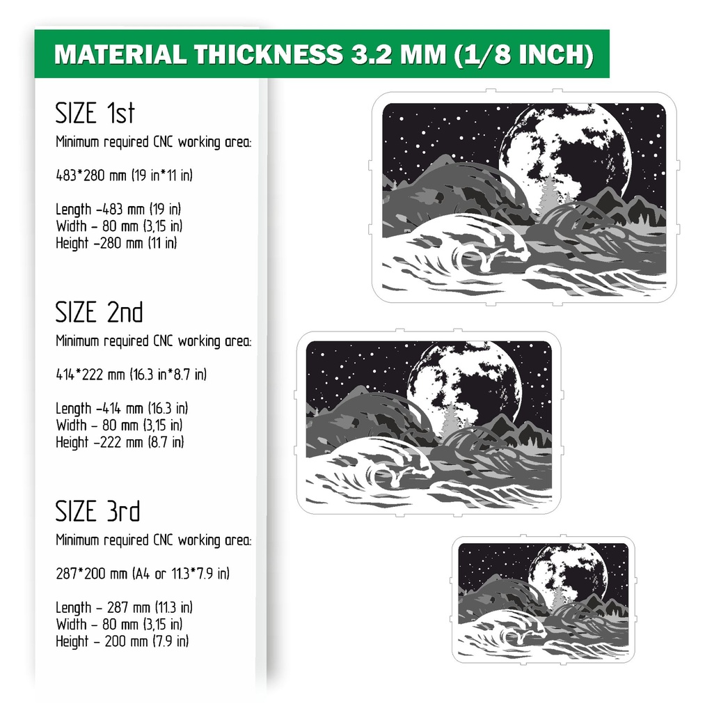 DXF, SVG files for Light Box Raging waves, mountains, ocean, Engraved Moon, Glowing moon, flexible plywood, Glowforge ready file